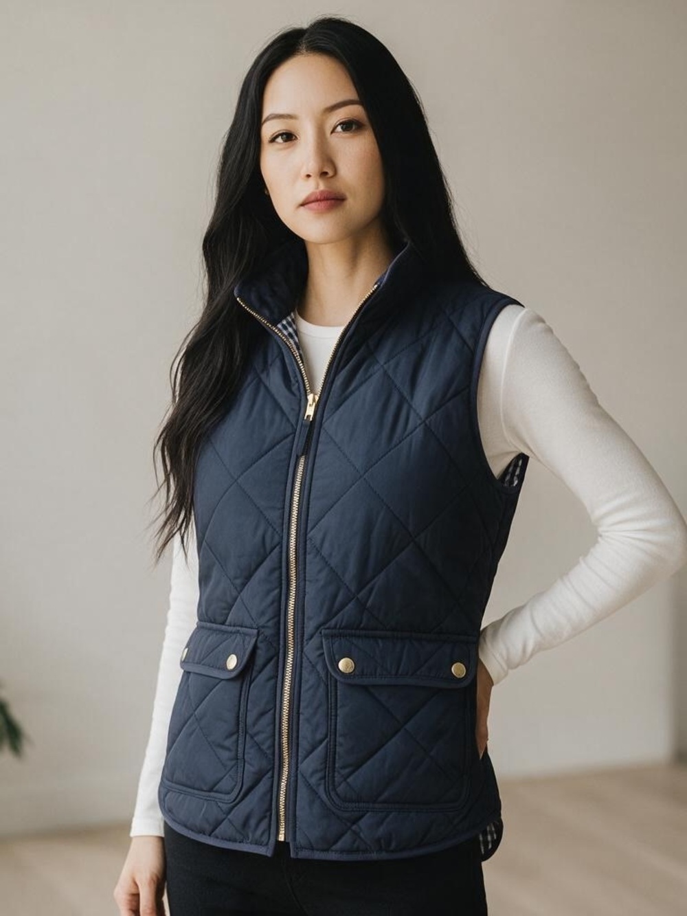 J. Crew Quilted Navy Zip-Front Vest with Snap Pockets